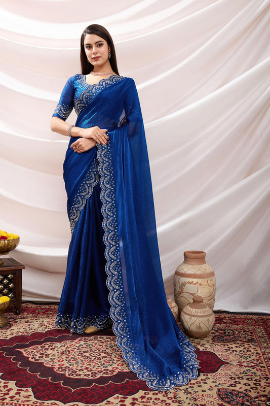 Royal Blue Georgette Saree with Sequin Thread Embroidery Border 