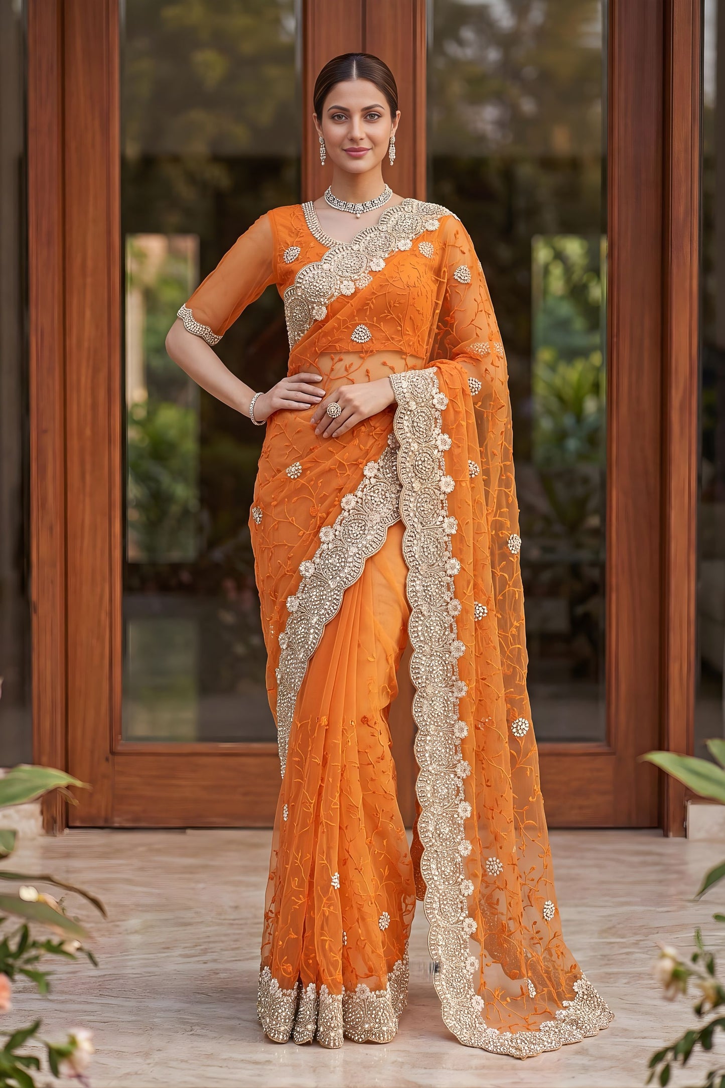 Designer Orange Net Saree with Heavy Sequins Embroidery Border