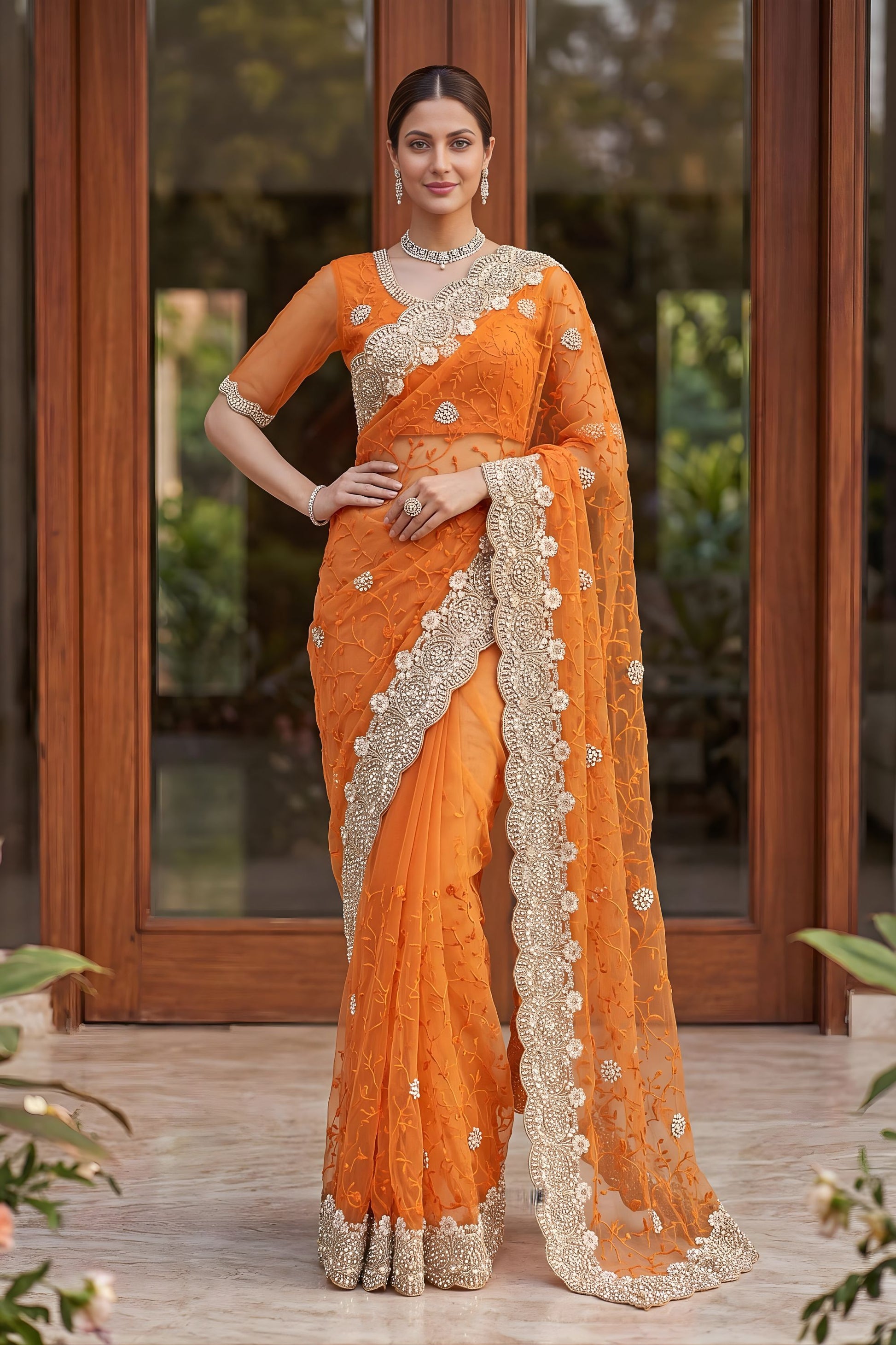 Designer Orange Net Saree with Heavy Sequins Embroidery Border