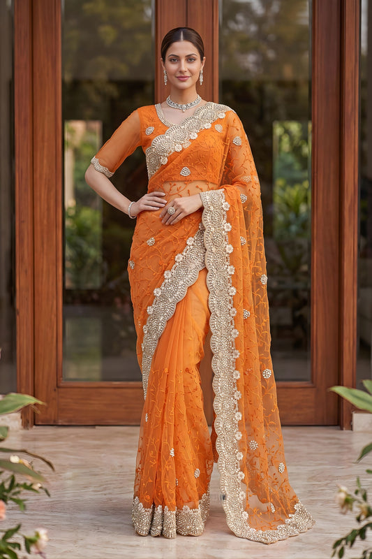 Designer Orange Net Saree with Heavy Sequins Embroidery Border