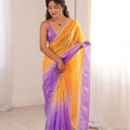 Beautiful Yellow Lavender Ombre Organza Saree Embroidered Border