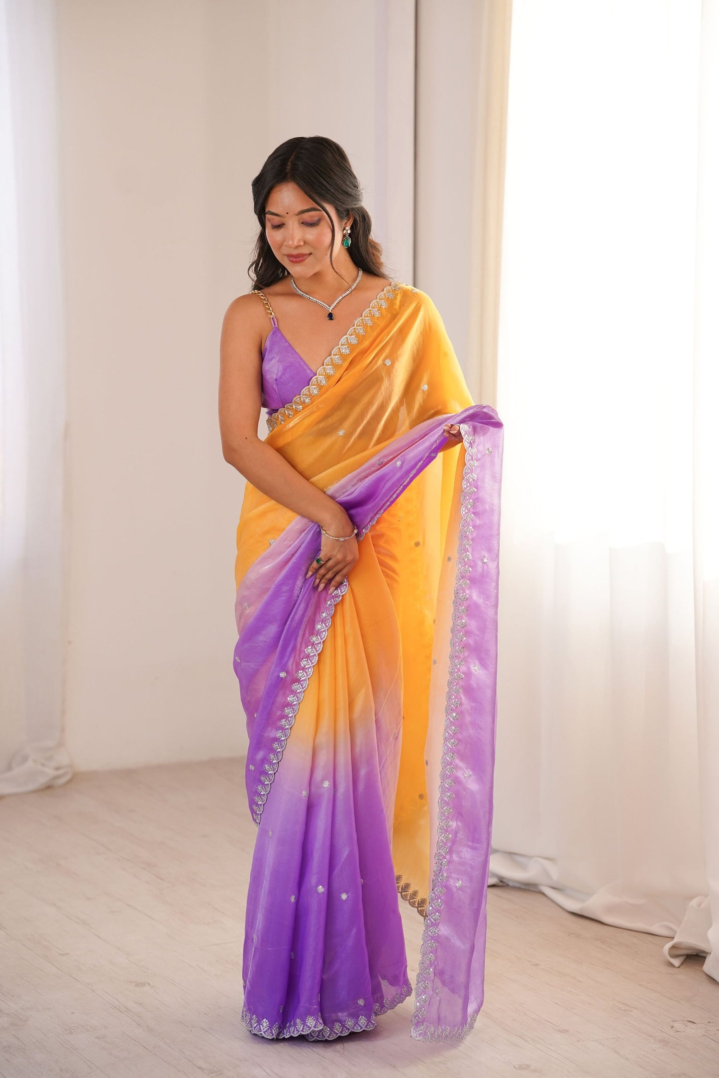 Beautiful Yellow Lavender Ombre Organza Saree Embroidered Border