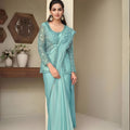 Elegant Aqua Blue Embroidered Designer Saree with Full Sleeve Blouse