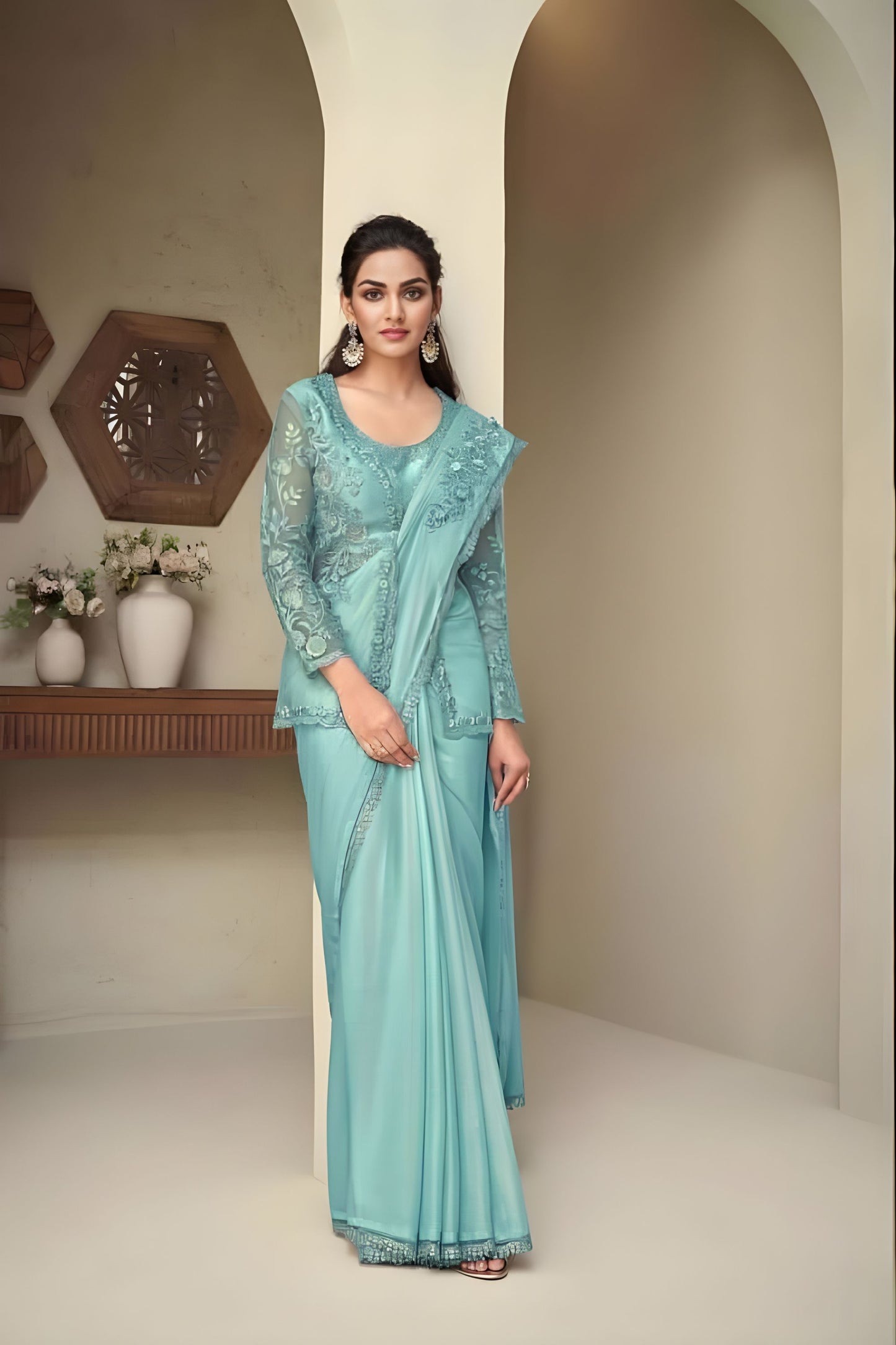 Elegant Aqua Blue Embroidered Designer Saree with Full Sleeve Blouse