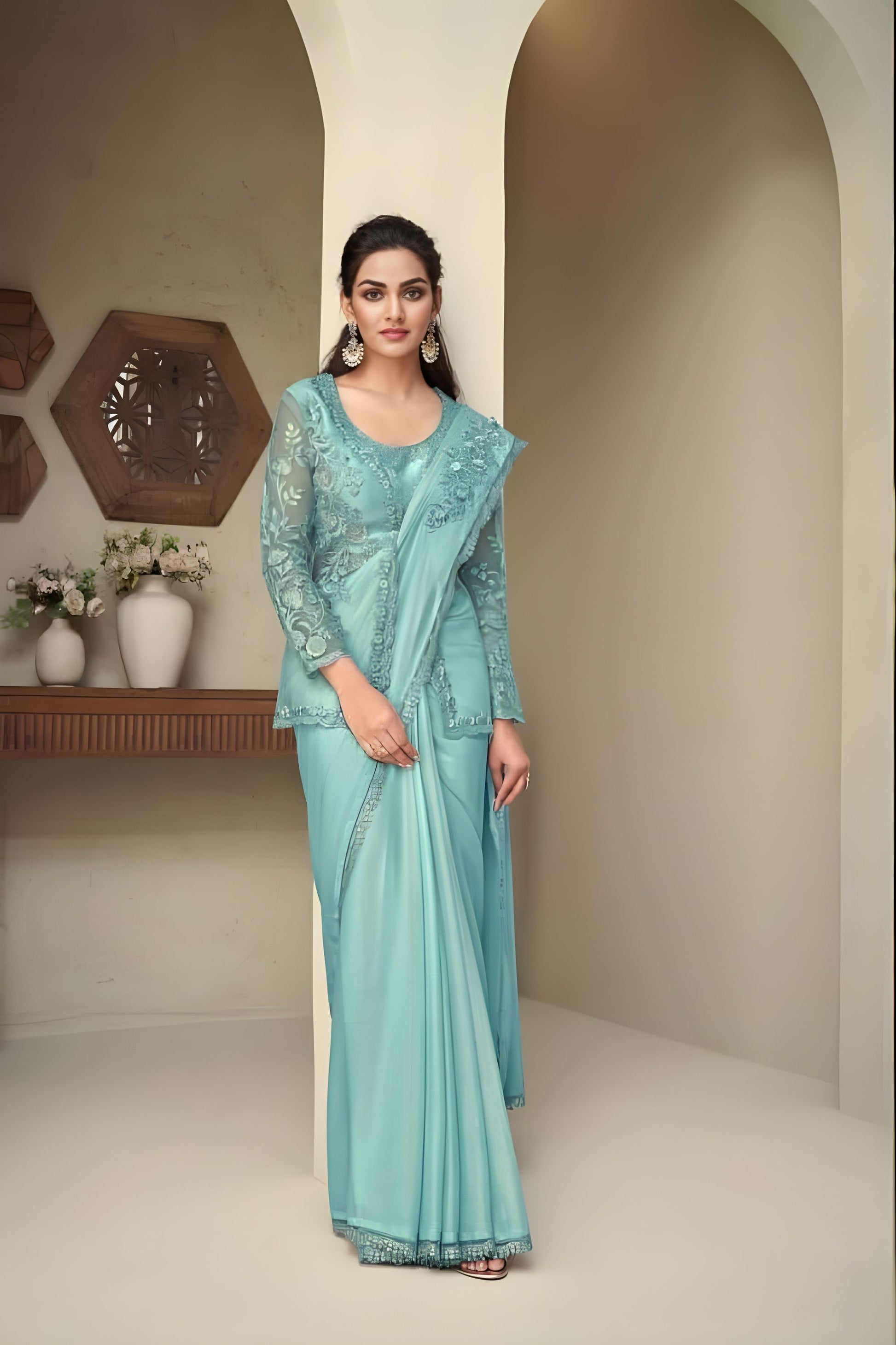 Elegant Aqua Blue Embroidered Designer Saree with Full Sleeve Blouse