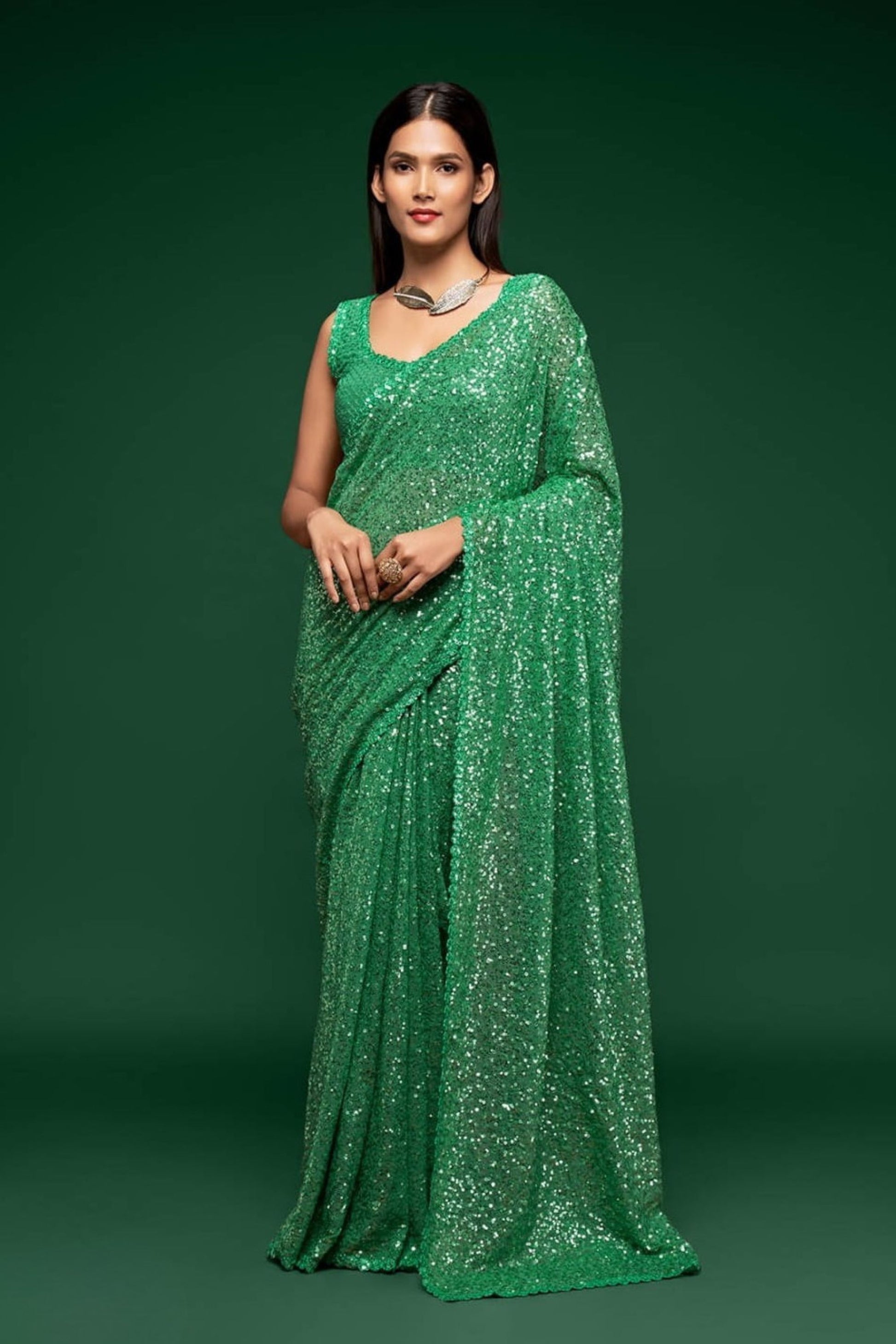 Designer Heavy Green Sequin Saree Cocktail, Sangeet Party Wear Saree