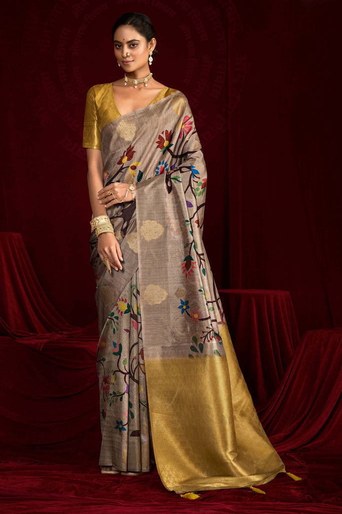 Grey Banarasi Silk Saree with Golden Blouse Festive Wear