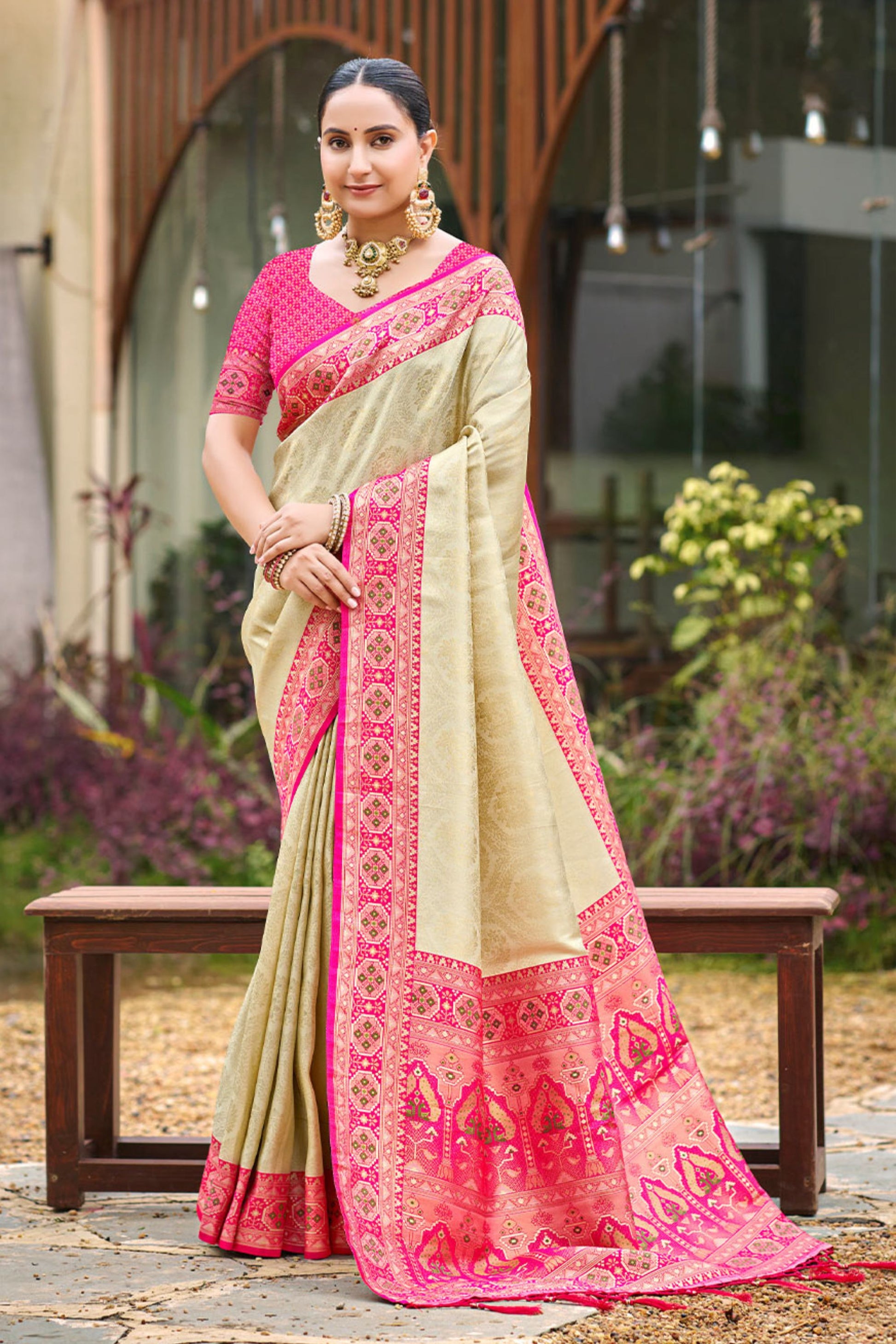 Beige Silk Saree Pink Woven Border Traditional Banarasi Design 