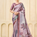 Elegant Lavender Floral Printed Linen Cotton Saree