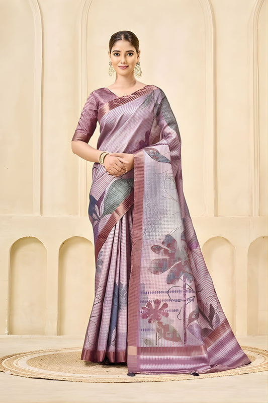 Elegant Lavender Floral Printed Linen Cotton Saree
