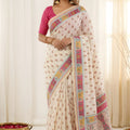 Off White Printed Linen Cotton Saree with Multicolor Border