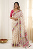 Off White Printed Linen Cotton Saree with Multicolor Border