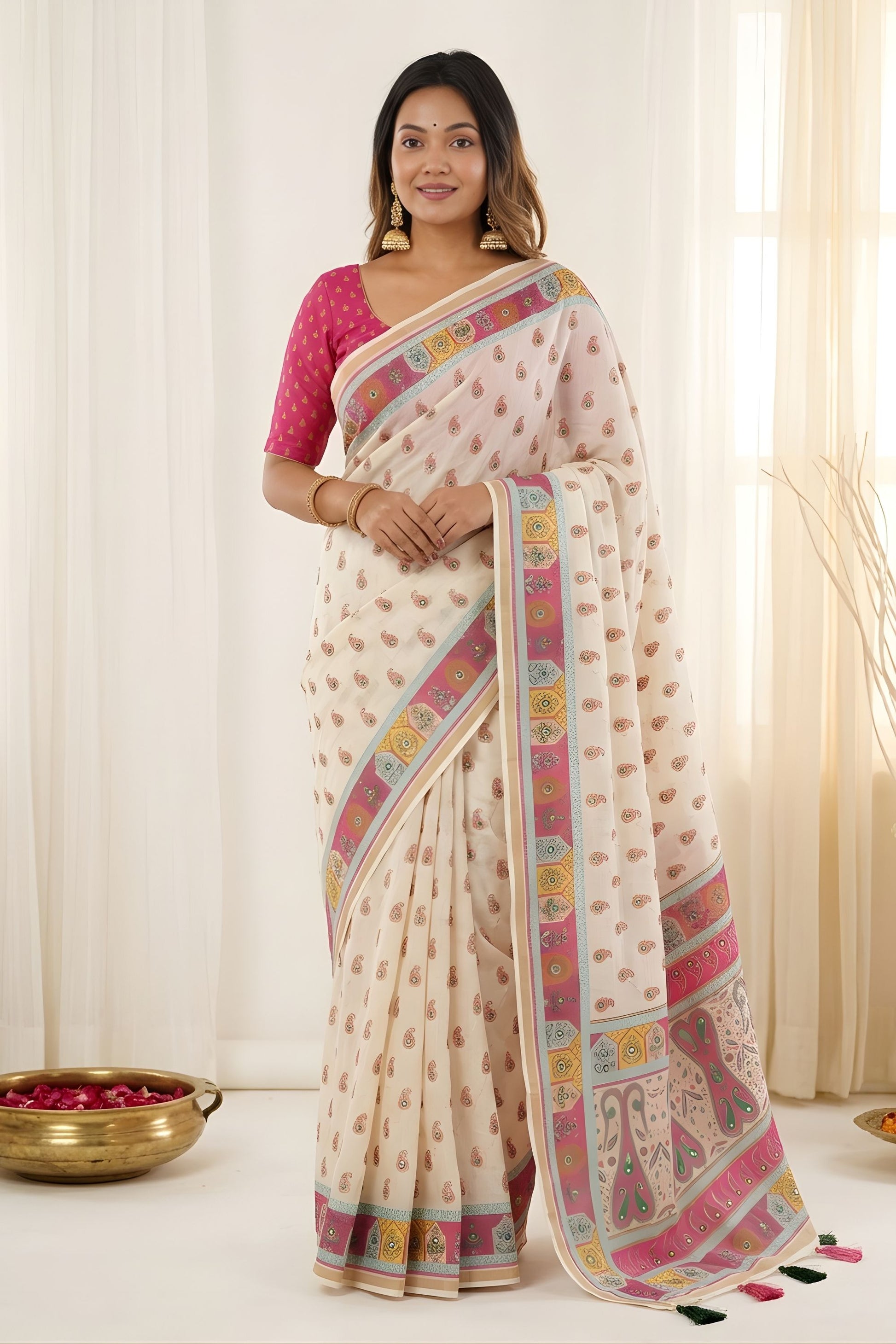 Off White Printed Linen Cotton Saree with Multicolor Border
