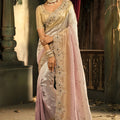 Beige Blush Pink Organza Silk Saree Heavy Zari Stone Embroidery Blouse 