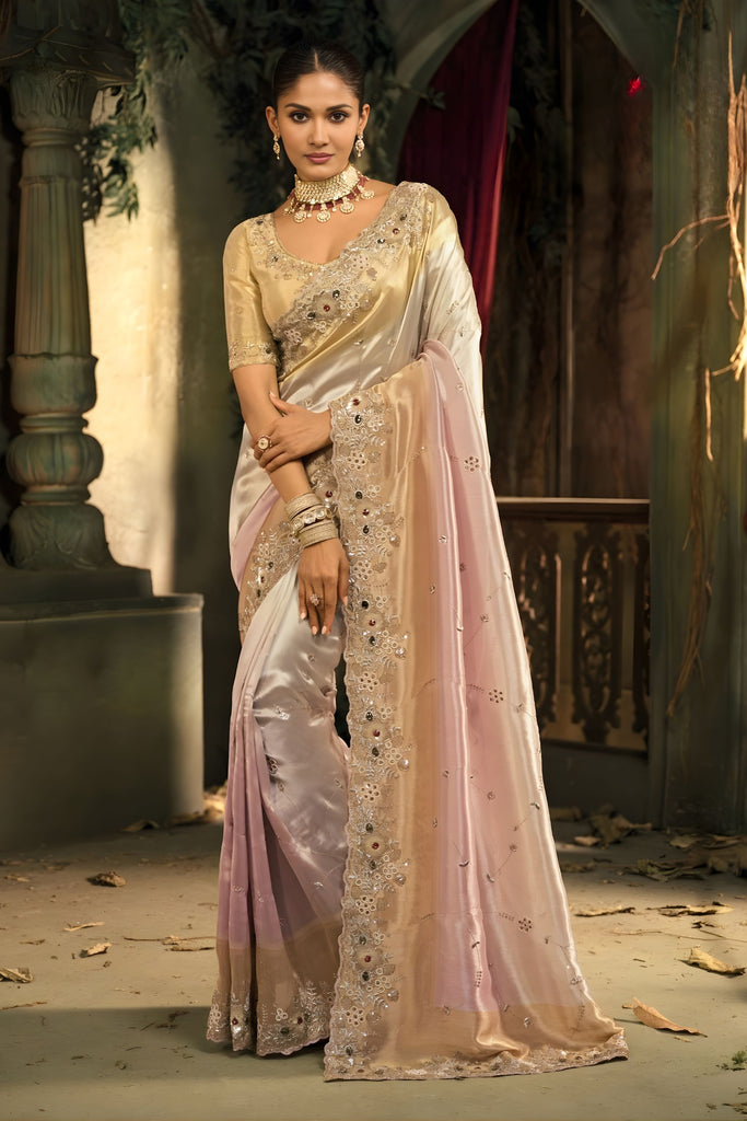 Beige Blush Pink Organza Silk Saree Heavy Zari Stone Embroidery Blouse 