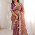  Mauve Rose Gold Tissue Silk Saree Heavy Embroidered Border 