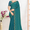 Teal Blue Silk Saree with Zari Embroidered Border Designer Blouse