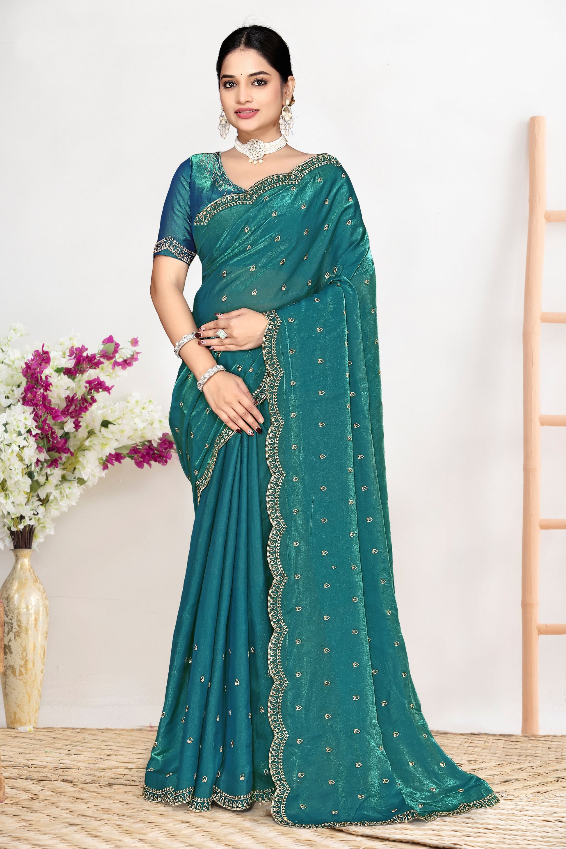 Teal Blue Silk Saree with Zari Embroidered Border Designer Blouse