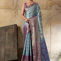Sky Blue Banarasi Silk Saree Purple Zari Border Floral Weaving Saree