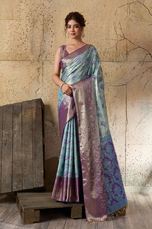 Sky Blue Banarasi Silk Saree Purple Zari Border Floral Weaving Saree