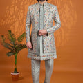 Amazing Off White Floral Printed Indo Western Sherwani for Men With Designer Jacket