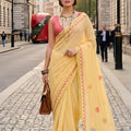  Lemon Yellow Organza Saree with Printed Border Designer Blouse 
