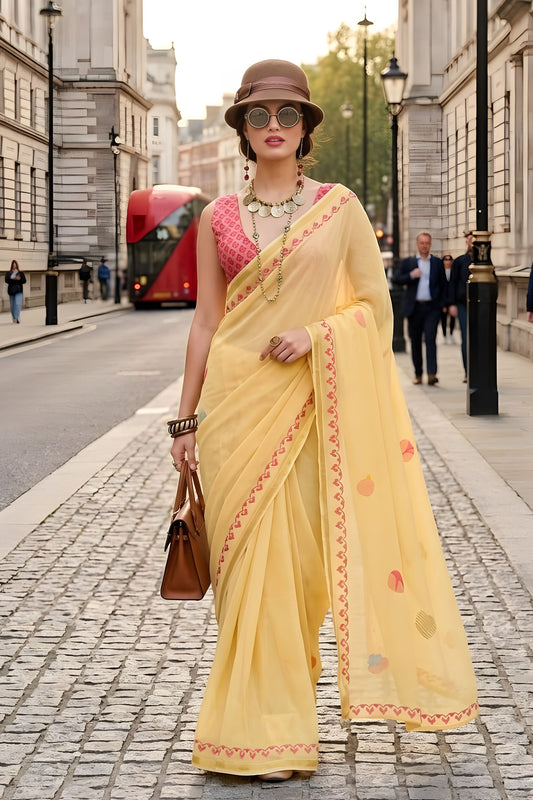  Lemon Yellow Organza Saree with Printed Border Designer Blouse 