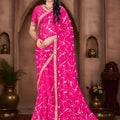 Hot Pink Georgette Saree Print Embroidered Border Matching Blouse 