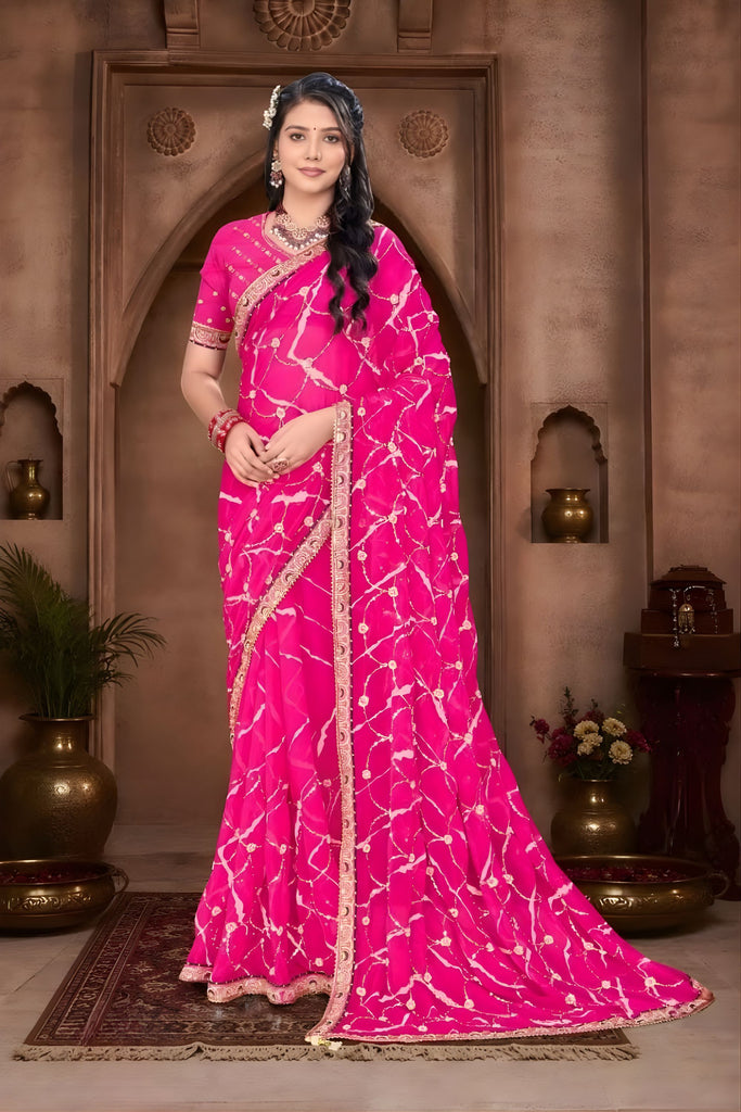 Hot Pink Georgette Saree Print Embroidered Border Matching Blouse 