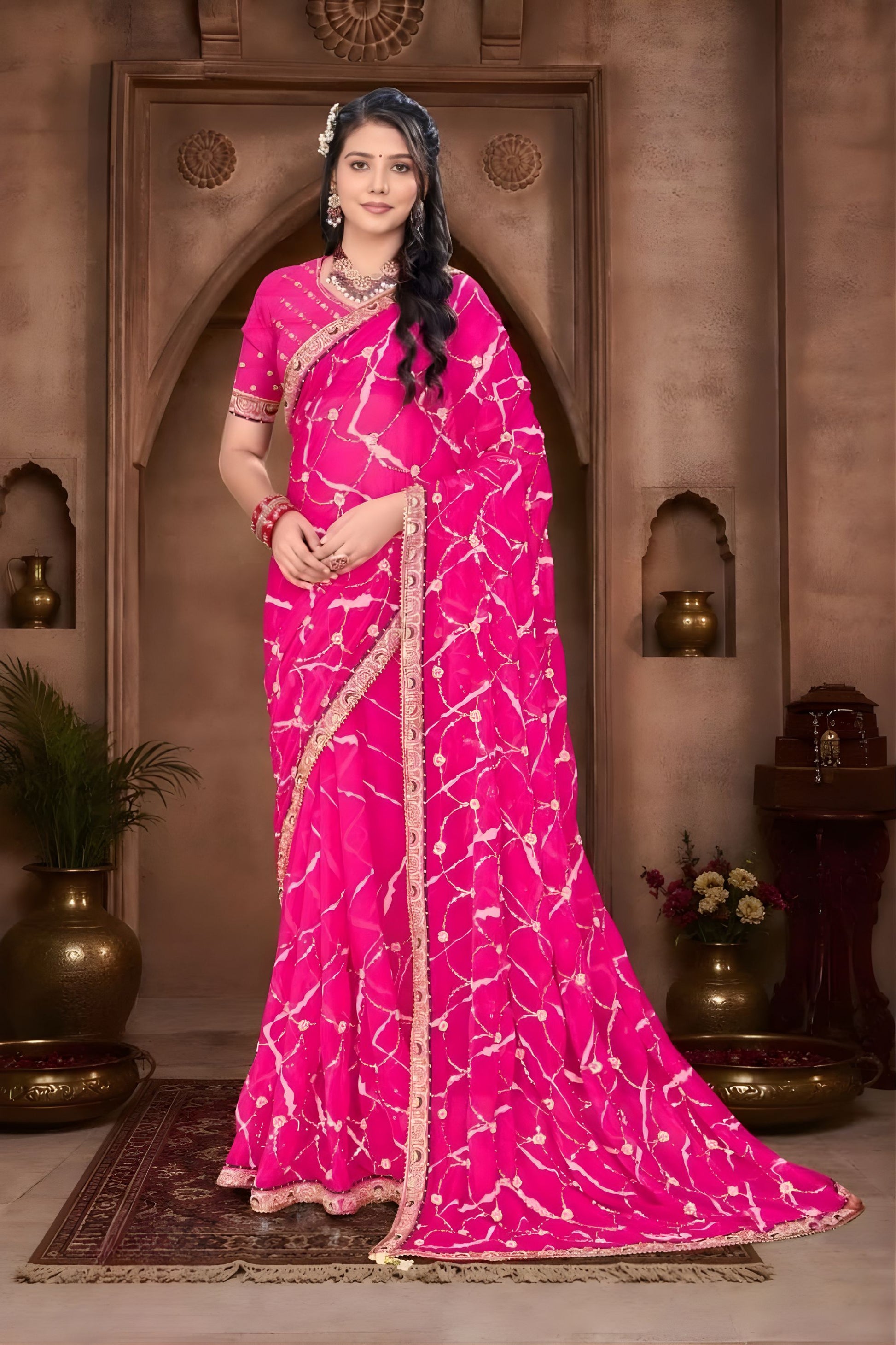 Hot Pink Georgette Saree Print Embroidered Border Matching Blouse 