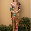 Golden Satin Floral Printed Saree with Matching Blouse Party Wear Saree