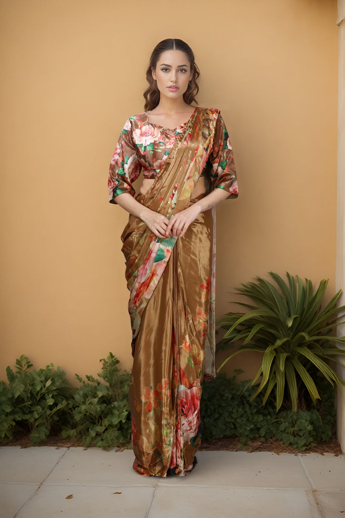 Golden Satin Floral Printed Saree with Matching Blouse Party Wear Saree