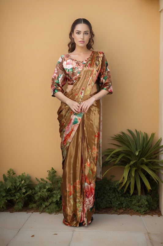 Golden Satin Floral Printed Saree with Matching Blouse Party Wear Saree