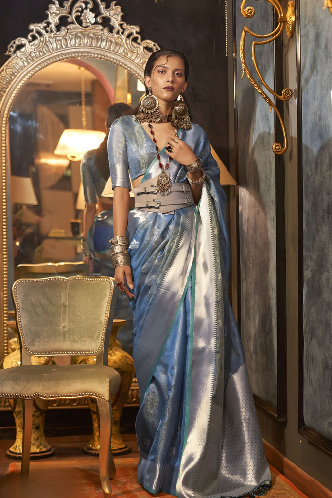 Luxury Steel Blue Banarasi Silk Saree with Silver Zari Weaving Designer Border