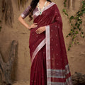 Wine Maroon Handwoven Cotton Linen Saree Silver Zari Border Pallu