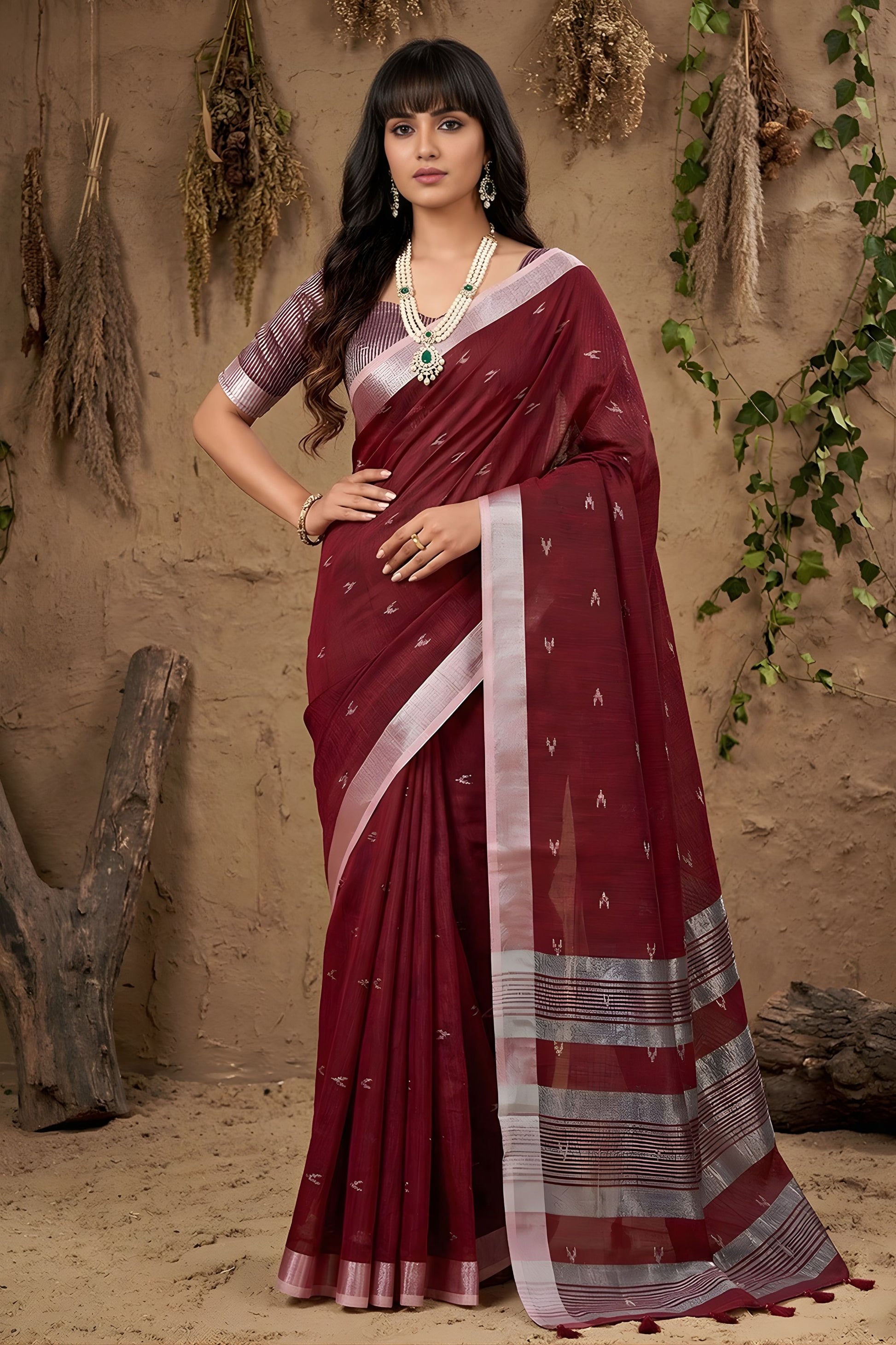 Wine Maroon Handwoven Cotton Linen Saree Silver Zari Border Pallu