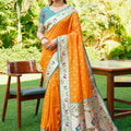  Orange Silk Saree with Teal Border Peacock Floral Weaving Work