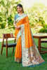  Orange Silk Saree with Teal Border Peacock Floral Weaving Work