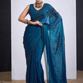 Teal Blue Organza Saree with Black Floral Embroidery Designer Party Wear Saree