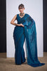 Teal Blue Organza Saree with Black Floral Embroidery Designer Party Wear Saree