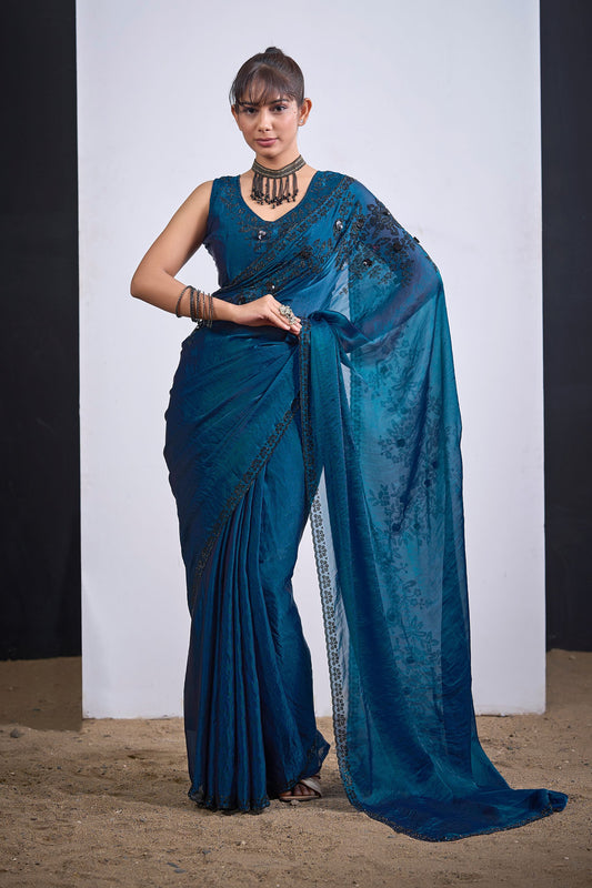 Teal Blue Organza Saree with Black Floral Embroidery Designer Party Wear Saree