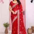 Elegant Red Embroidered Saree with Blouse Party Wear