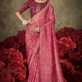  Rani Pink Banarasi Silk Saree with Gold Zari Weaving Embroidered Blouse 
