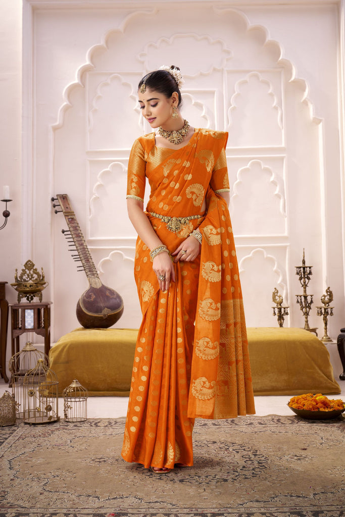Orange Banarasi Silk Saree with Gold Zari Buta Traditional Pallu