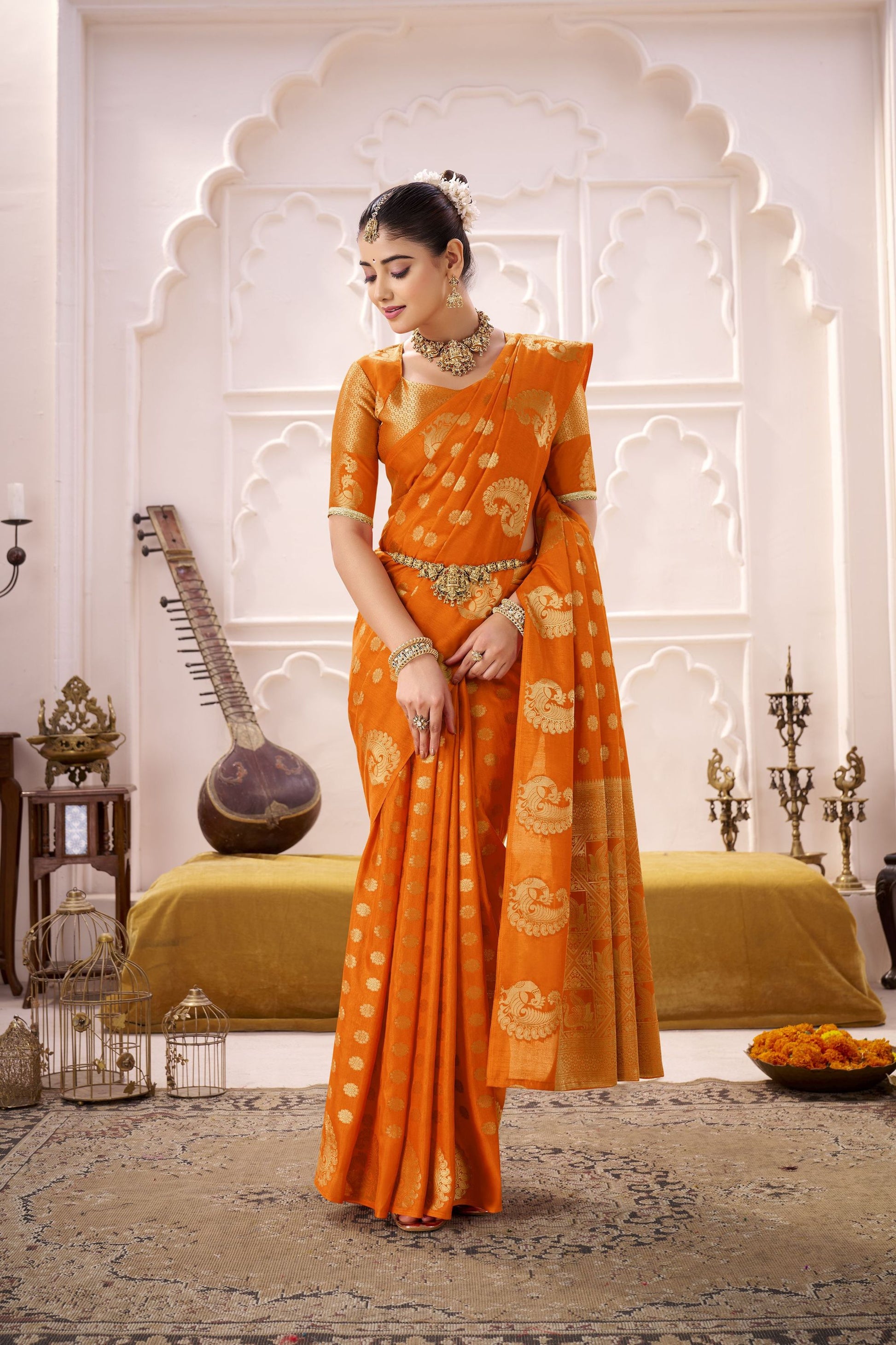 Orange Banarasi Silk Saree with Gold Zari Buta Traditional Pallu