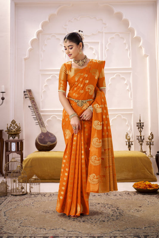 Orange Banarasi Silk Saree with Gold Zari Buta Traditional Pallu