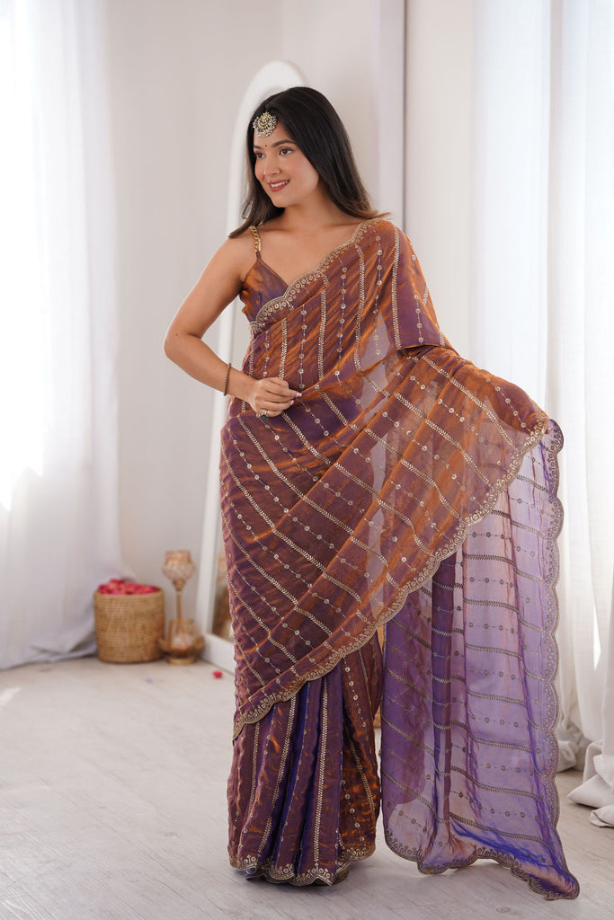 Purple Copper Organza Silk Embroidered Saree Zari Designer Blouse