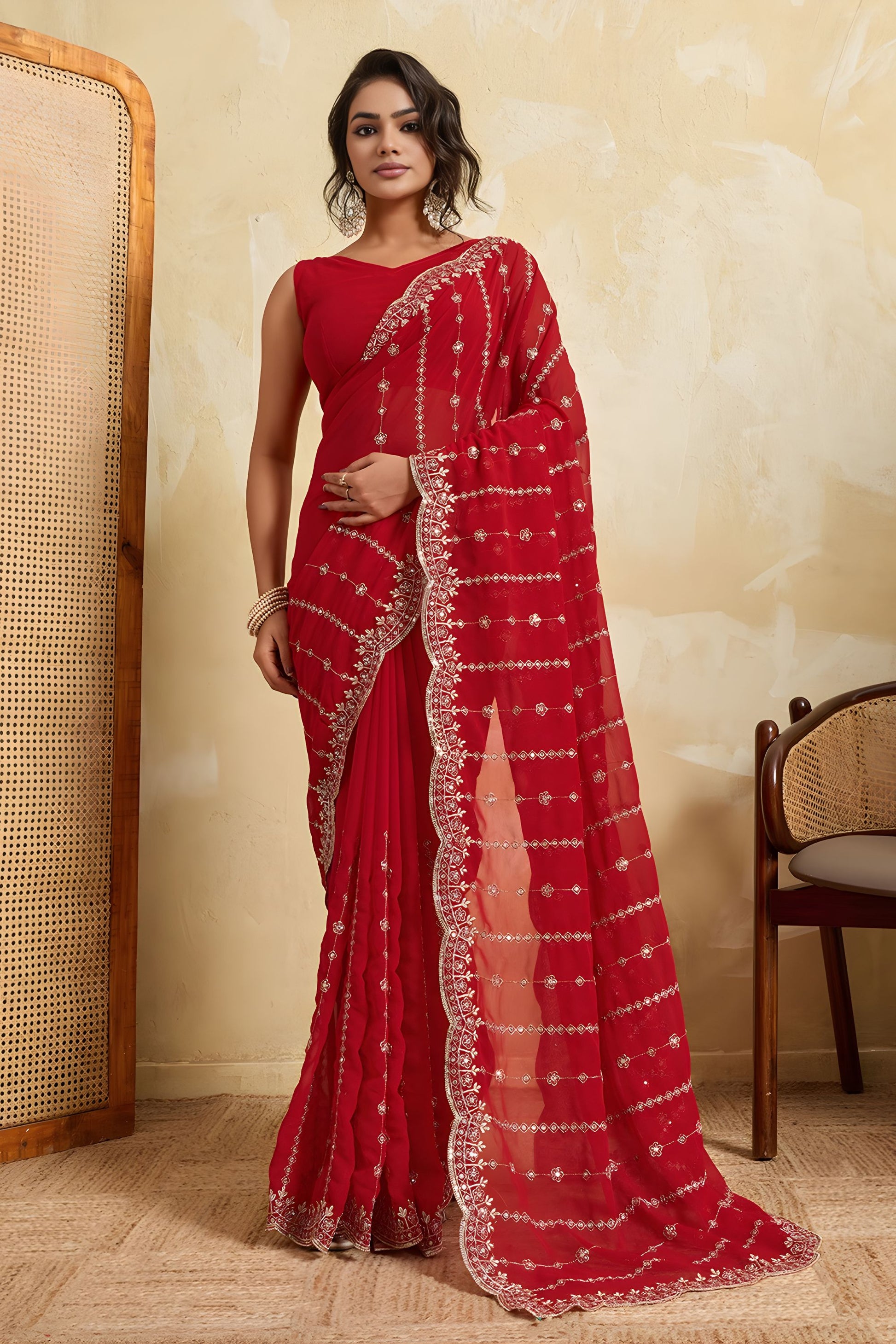 Red Designer Saree Heavy Embroidery Border Sequins Georgette Saree
