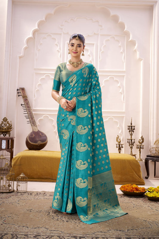 Teal Blue Banarasi Silk Saree with Gold Zari Buta Traditional Pallu