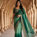 Green Ombre Saree with Gold Embroidered Border Designer Saree